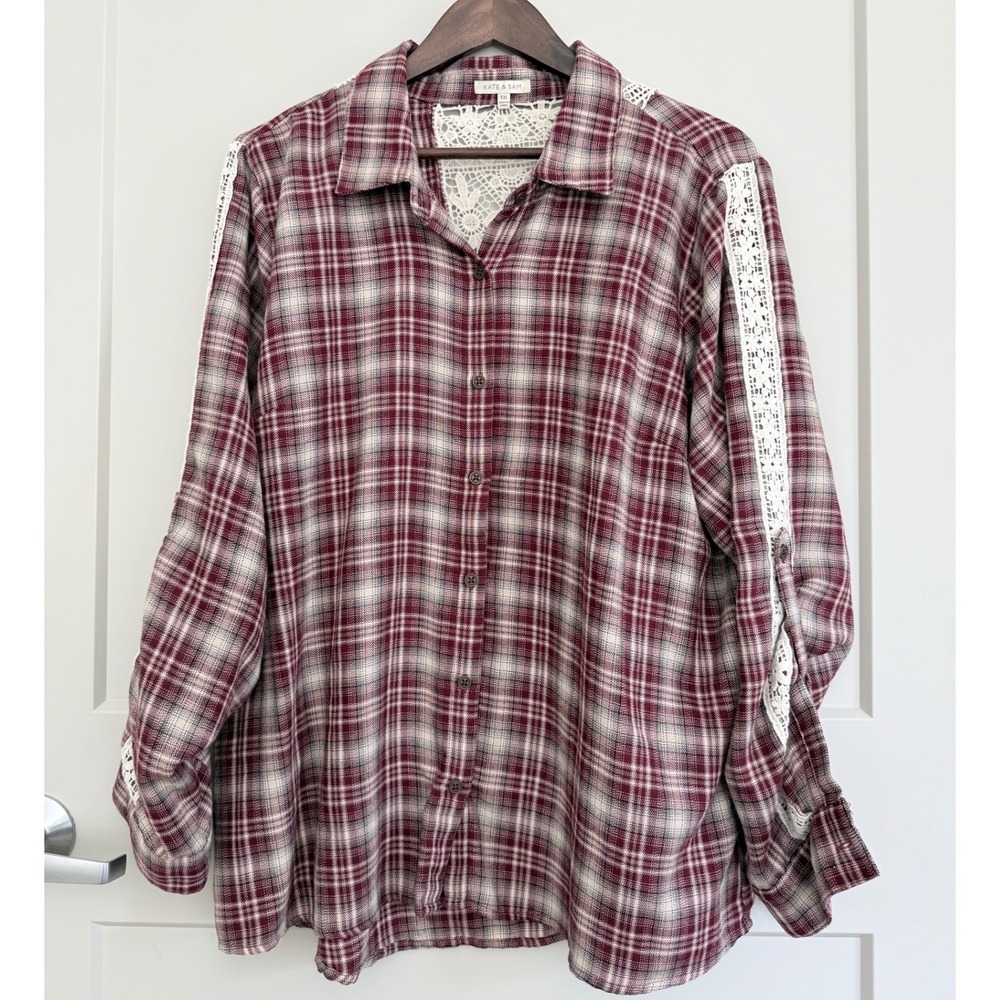 Kate & Sam Red Plaid‎ Flannel with Crochet Lace Open Work Sleeves Back Size XXL